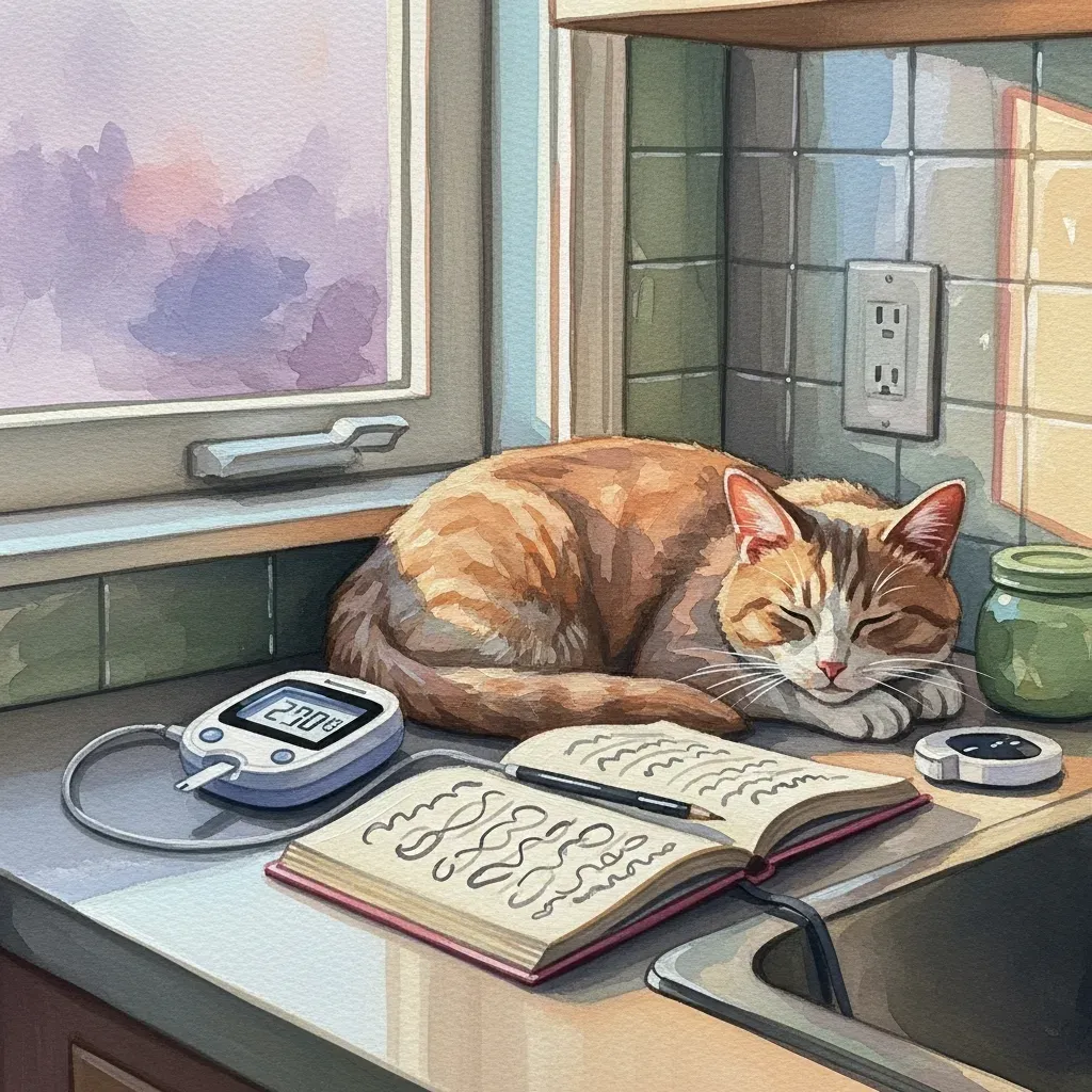 A calm cat on a kitchen counter beside a small glucose monitoring kit and a notebook