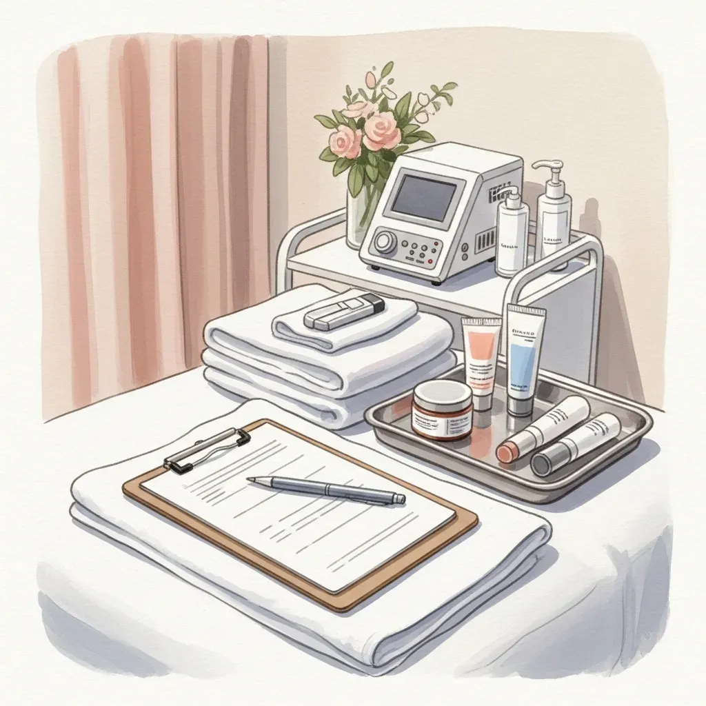 A modern med spa treatment room with an inspection checklist clipboard and tidy equipment on a tray