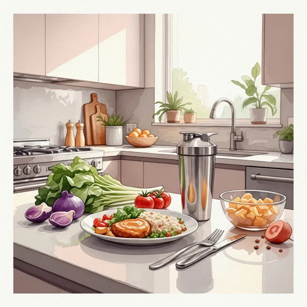 A kitchen counter with a protein-rich plated meal, a shaker bottle and fresh ingredients