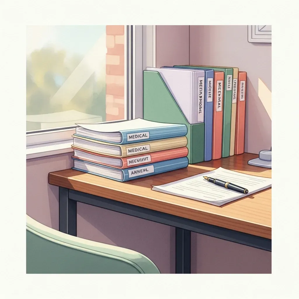 A desk with a stack of medical paperwork in folders and a pen by a window