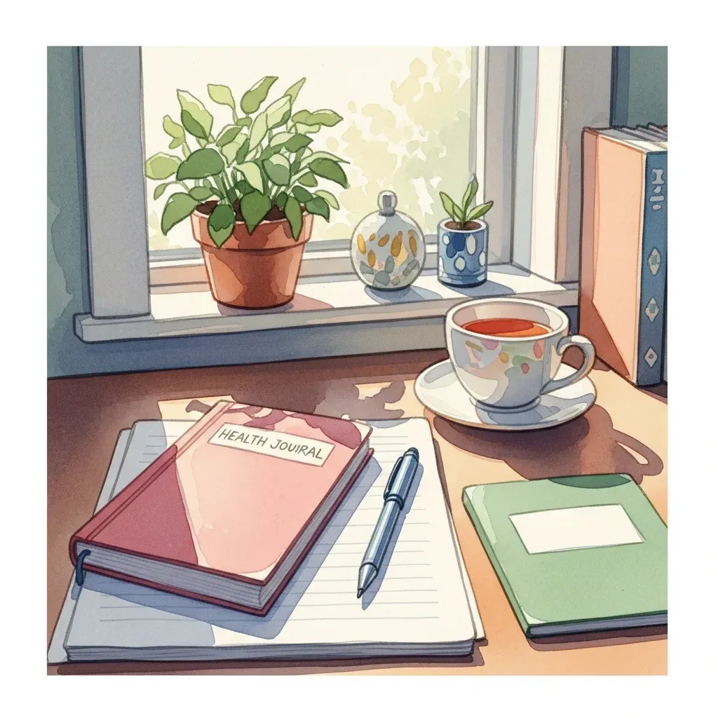 A tidy desk with a health journal, a pen and a cup of tea by a sunlit window