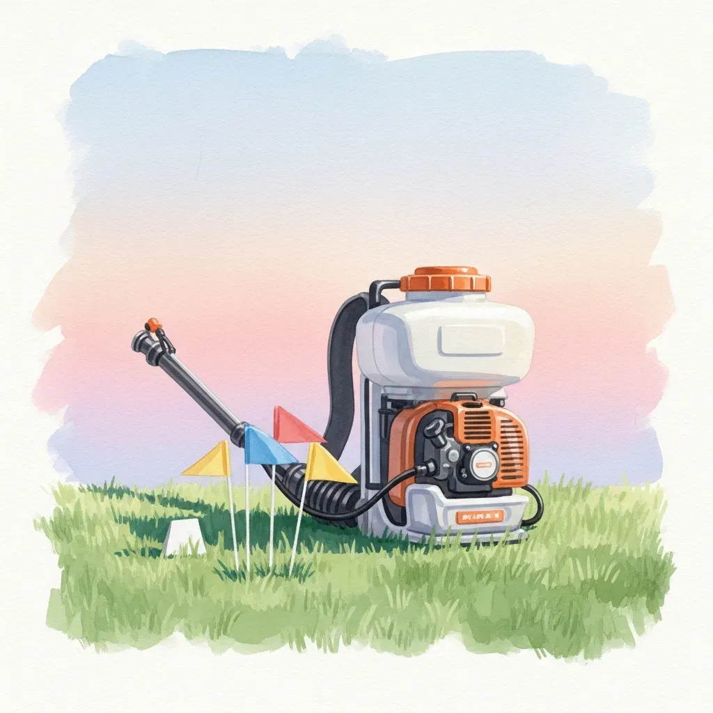 A pest-control backpack sprayer and marker flags at the edge of a green lawn