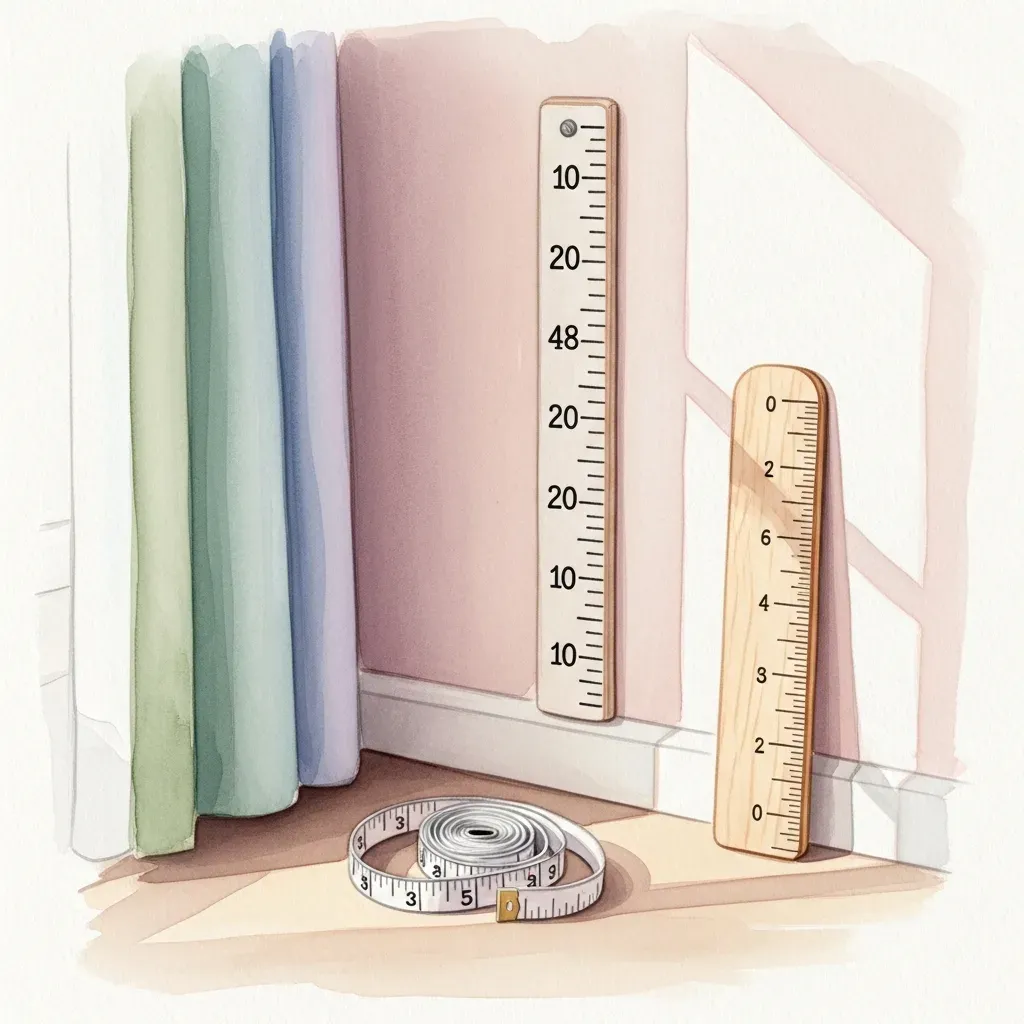 A nursery corner with a wall height ruler, measuring tape and a wooden growth chart