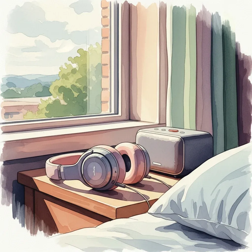 A serene bedside scene with over-ear headphones and a small sound-therapy speaker