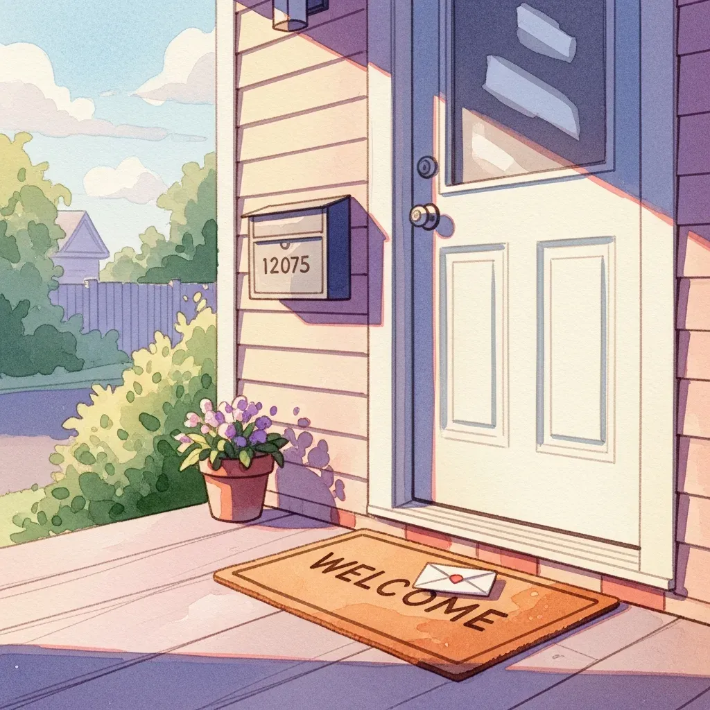 A suburban front porch with a mailbox and a folded letter on the welcome mat