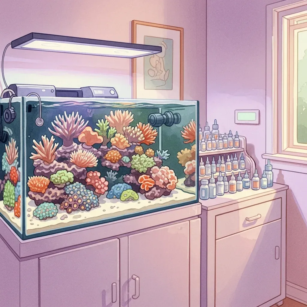 A vibrant home reef aquarium with colorful coral and dosing bottles beside it