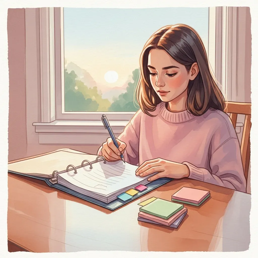 A kitchen table with a tabbed binder and colorful sticky notes