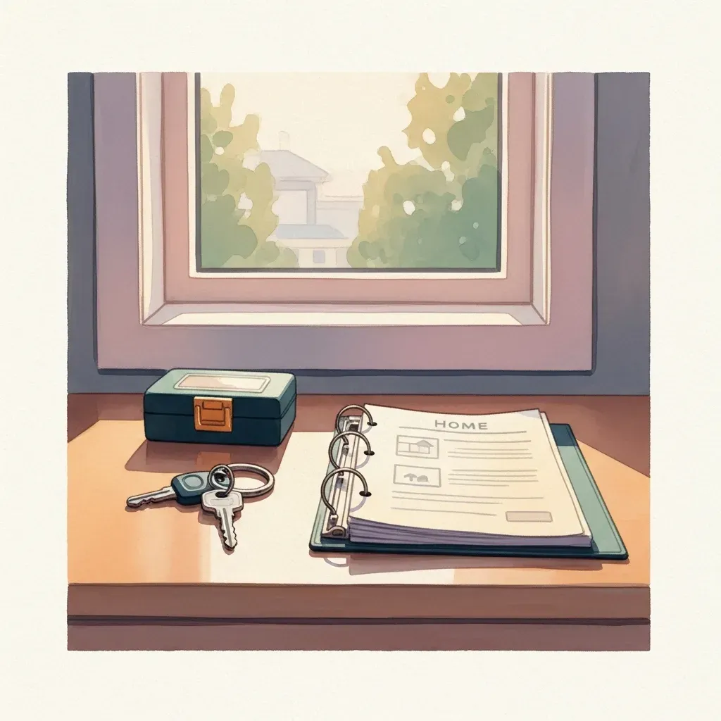 An entry table with house keys, a small toolbox and a binder of home documents