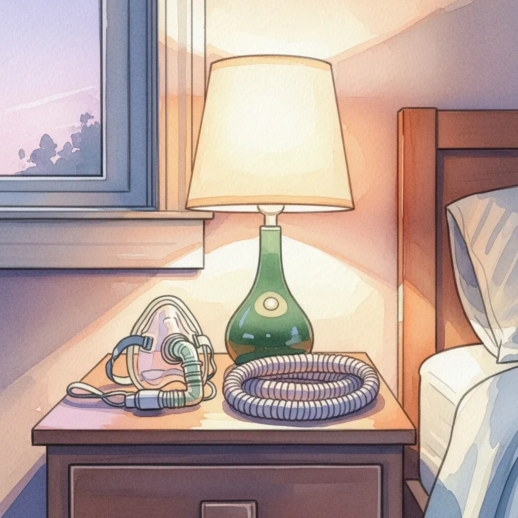 A bedside table with a CPAP mask and coiled tubing beside a lamp