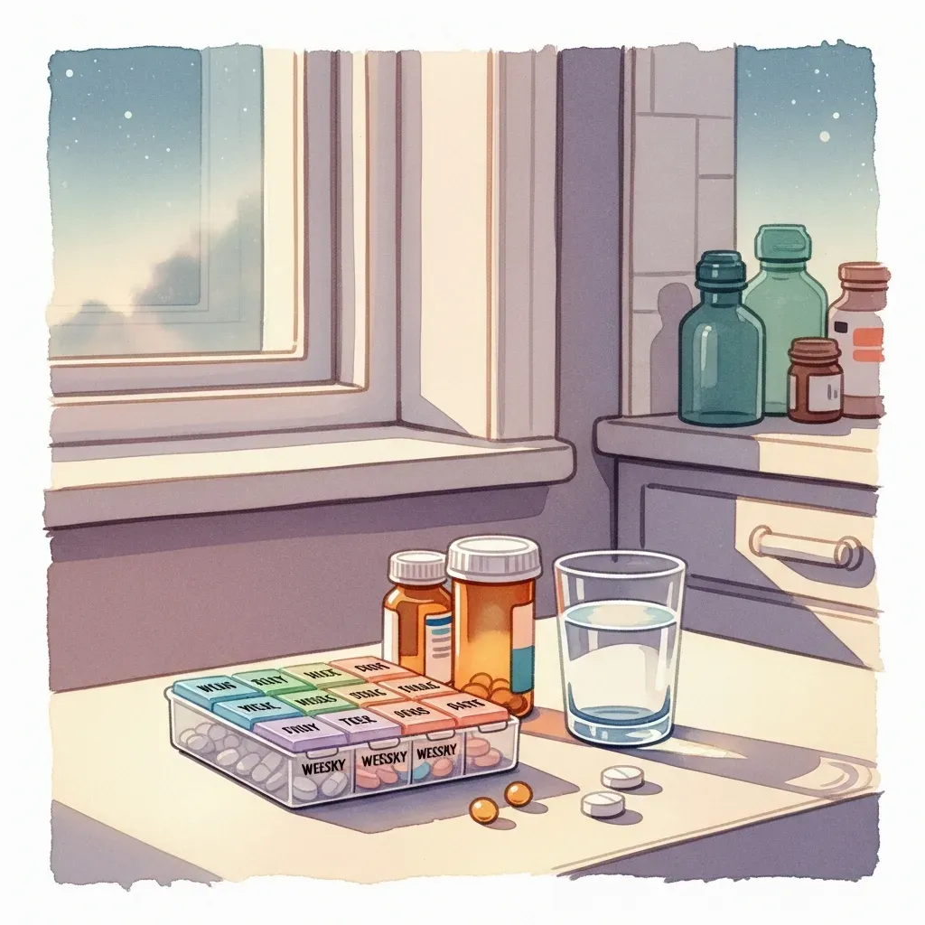 A kitchen table with a weekly pill organizer and amber medication bottles