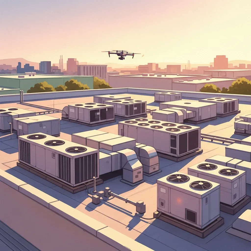 A commercial rooftop with HVAC units seen from above and a survey drone in a golden sky