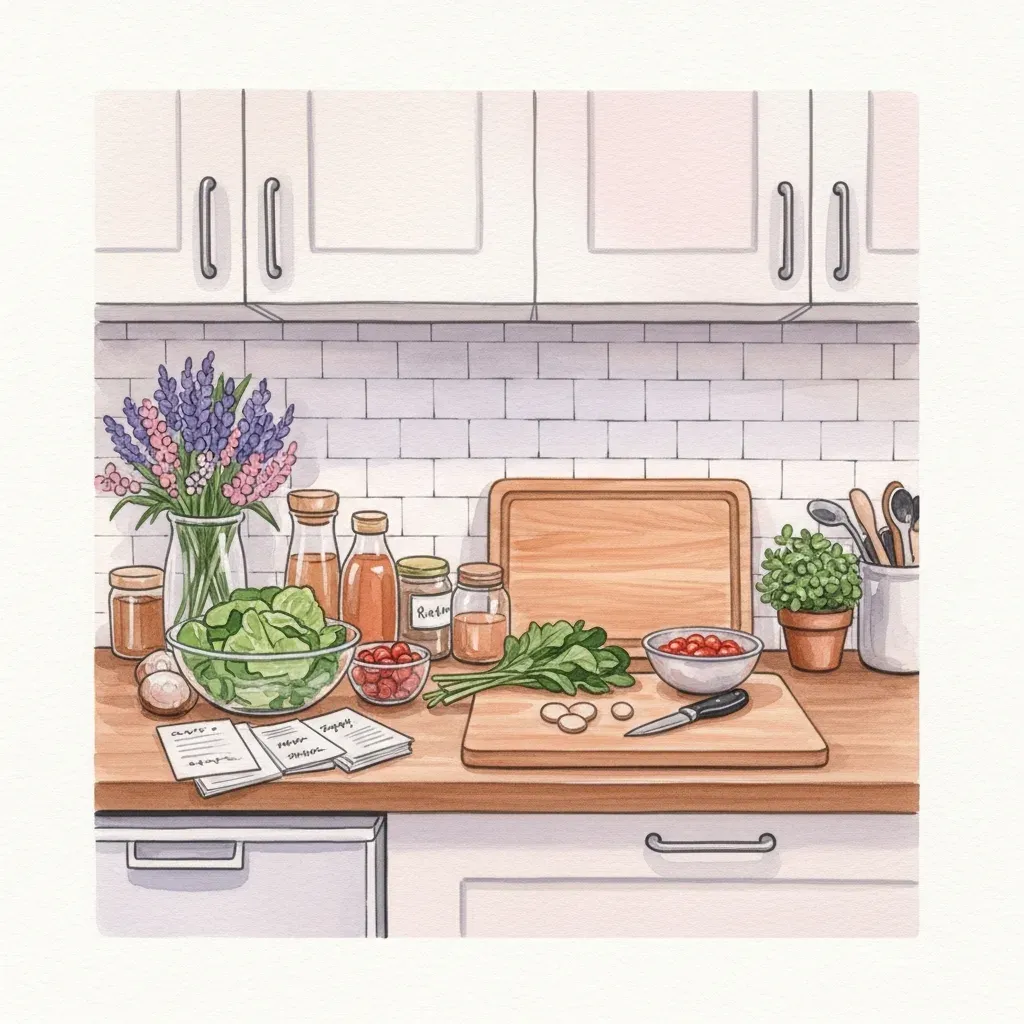 A bright kitchen counter with fresh meal-prep ingredients and a stack of recipe cards