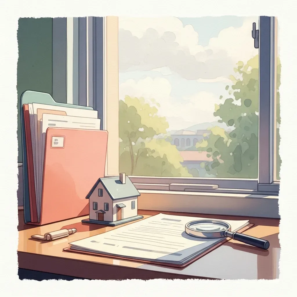 A desk with a model house figurine, a document folder and a magnifying glass