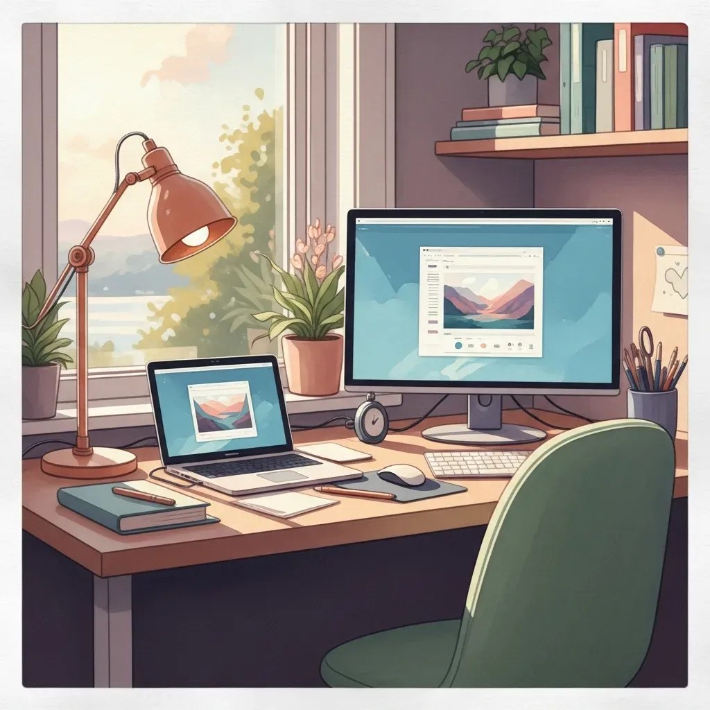 A home-office desk with an open ledger, calculator and folders by a window
