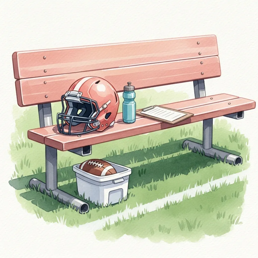 A youth sports sideline bench with a helmet, water bottle and clipboard by a field