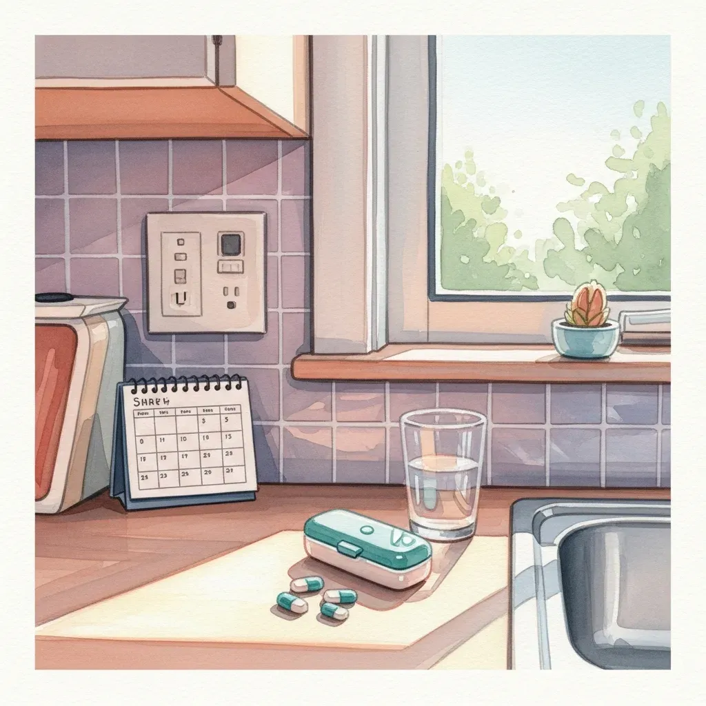 A kitchen counter with a medication pen case, a wall calendar and a glass of water