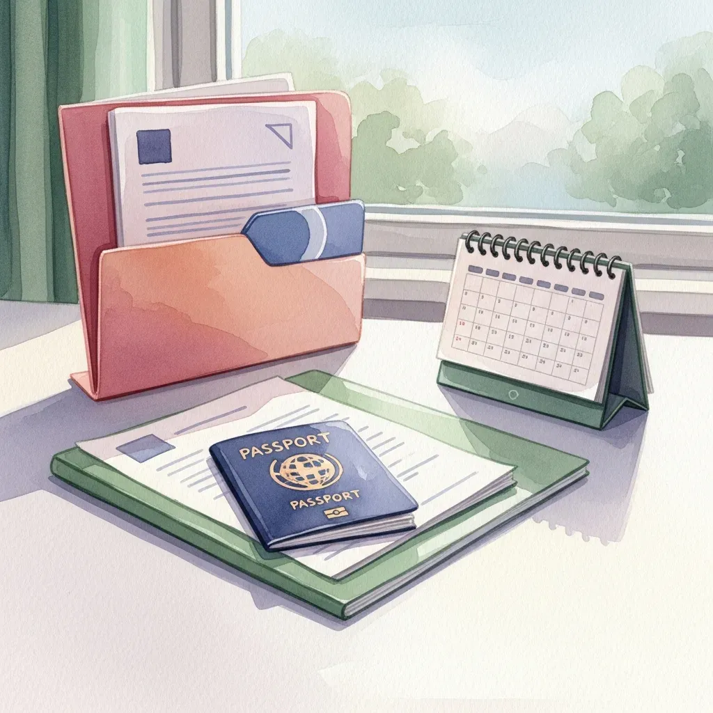 A passport, document folder and desk calendar on a clean desk by a window